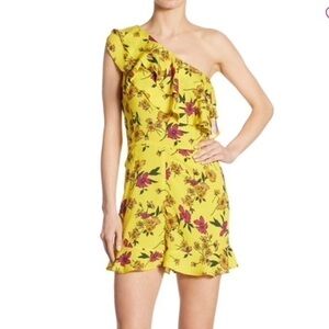 Scripted One Shoulder Ruffled Floral Romper